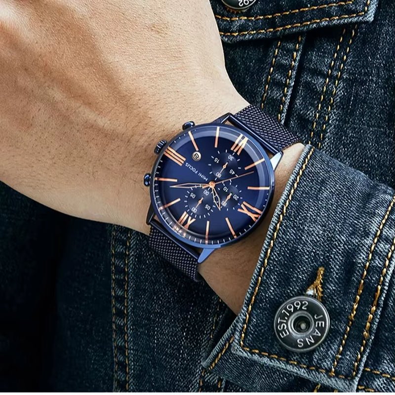 MINI FOCUS 0236G Latest Design Arched Hook Buckle Stainless Steel Mesh Roman Numeral Scale Quartz Watch for Men - MCROONS.COM