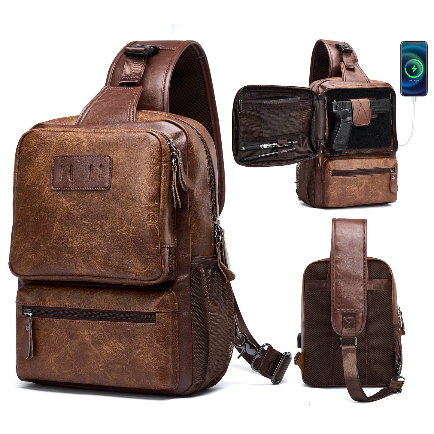 MOYYI Wholesale Brown Vintage Waist Bag Waterproof PVC Leather Cycling Chest Bags for Men Travel Sling Bags - MCROONS.COM