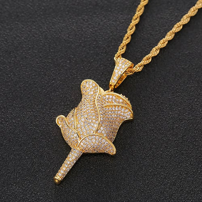 New Hip Hop Style 18K Gold Rose Flower Pendant Necklace Full Pave Zircon Charms for Women Fine Diamond Rose Flower Pendant - MCROONS.COM