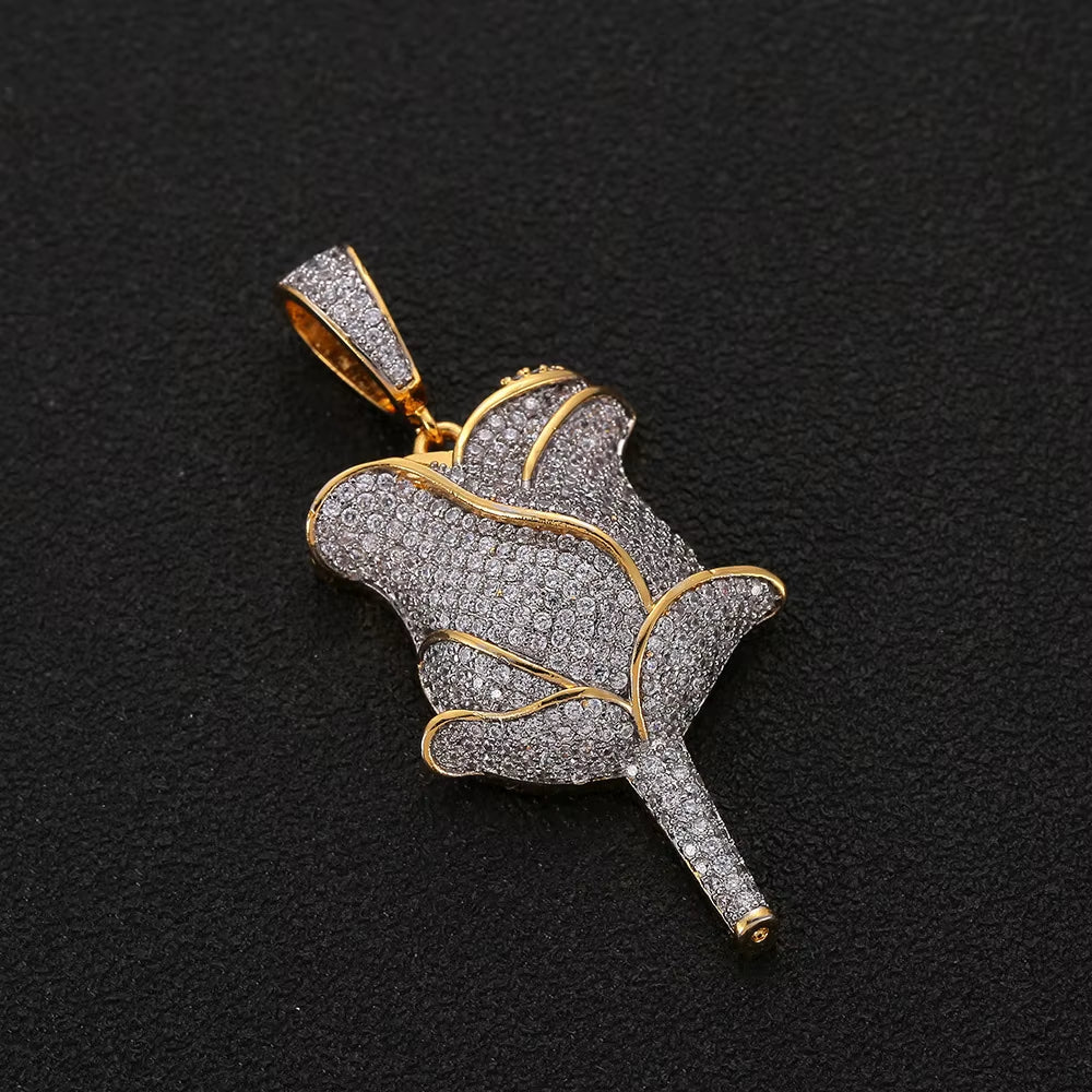 New Hip Hop Style 18K Gold Rose Flower Pendant Necklace Full Pave Zircon Charms for Women Fine Diamond Rose Flower Pendant - MCROONS.COM