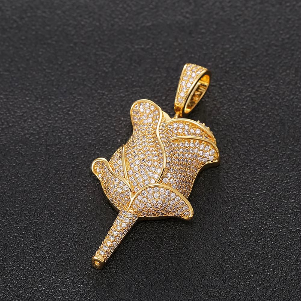 New Hip Hop Style 18K Gold Rose Flower Pendant Necklace Full Pave Zircon Charms for Women Fine Diamond Rose Flower Pendant - MCROONS.COM