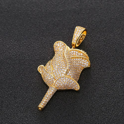New Hip Hop Style 18K Gold Rose Flower Pendant Necklace Full Pave Zircon Charms for Women Fine Diamond Rose Flower Pendant - MCROONS.COM