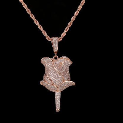 New Hip Hop Style 18K Gold Rose Flower Pendant Necklace Full Pave Zircon Charms for Women Fine Diamond Rose Flower Pendant - MCROONS.COM