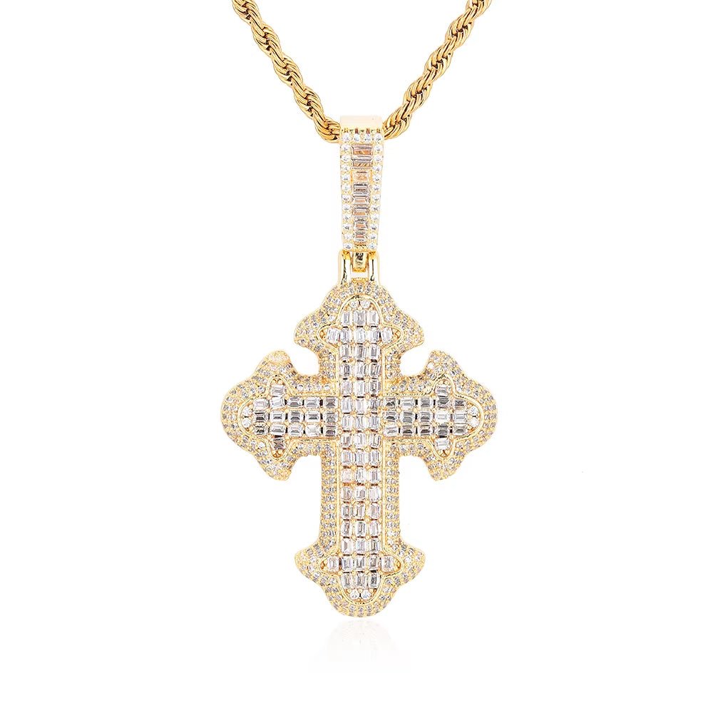 New Style Hip Hop Baguette Square Iced Out Zircon White Gold Plated Cross Pendant for Men and Women Gift Fashion Jewelry - MCROONS.COM