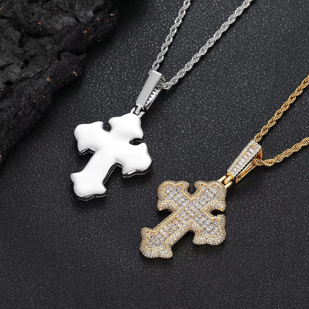 New Style Hip Hop Baguette Square Iced Out Zircon White Gold Plated Cross Pendant for Men and Women Gift Fashion Jewelry - MCROONS.COM
