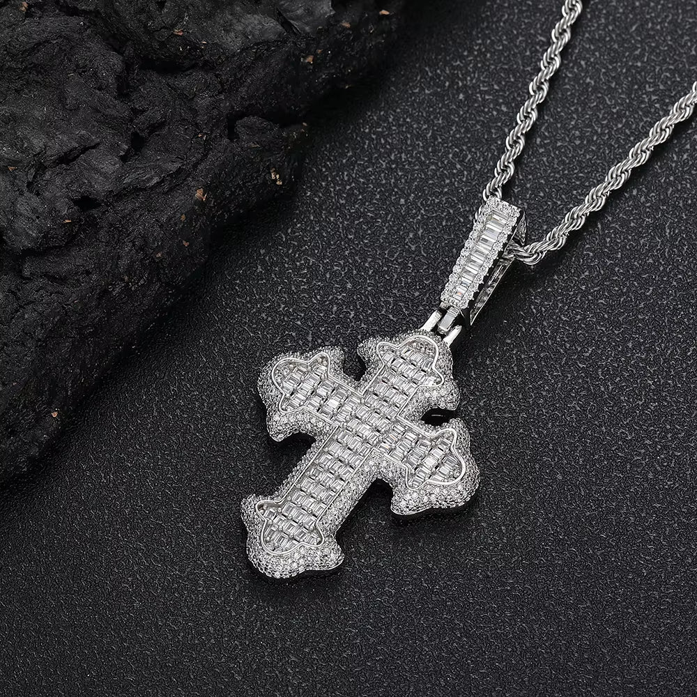 New Style Hip Hop Baguette Square Iced Out Zircon White Gold Plated Cross Pendant for Men and Women Gift Fashion Jewelry - MCROONS.COM
