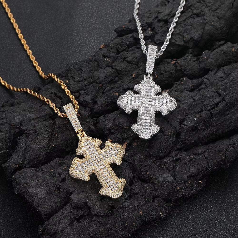 New Style Hip Hop Baguette Square Iced Out Zircon White Gold Plated Cross Pendant for Men and Women Gift Fashion Jewelry - MCROONS.COM