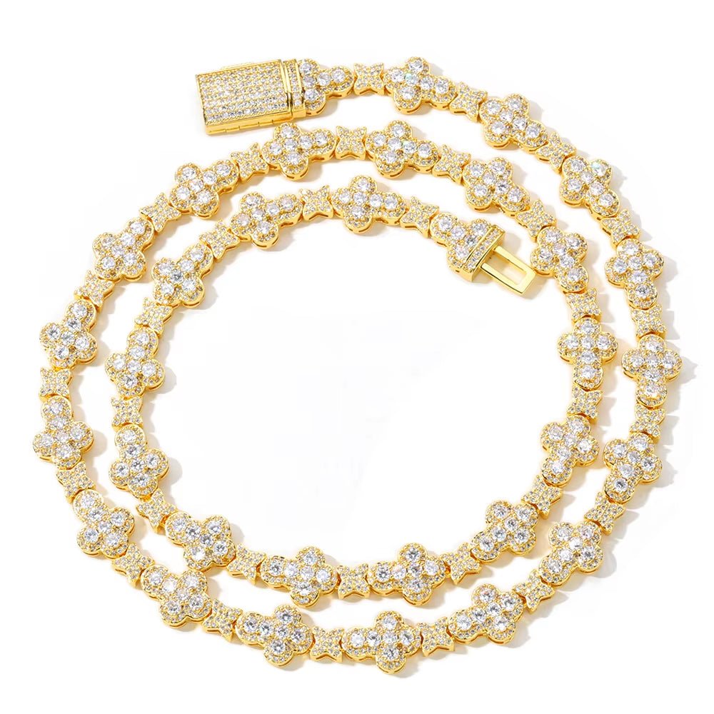 NUOYA Iced Out Full Pave Zircon Choker Necklace Gold Plated with Diamond Cross Link Chain Flower Design Shiny Hip Hop Jewelry - MCROONS.COM