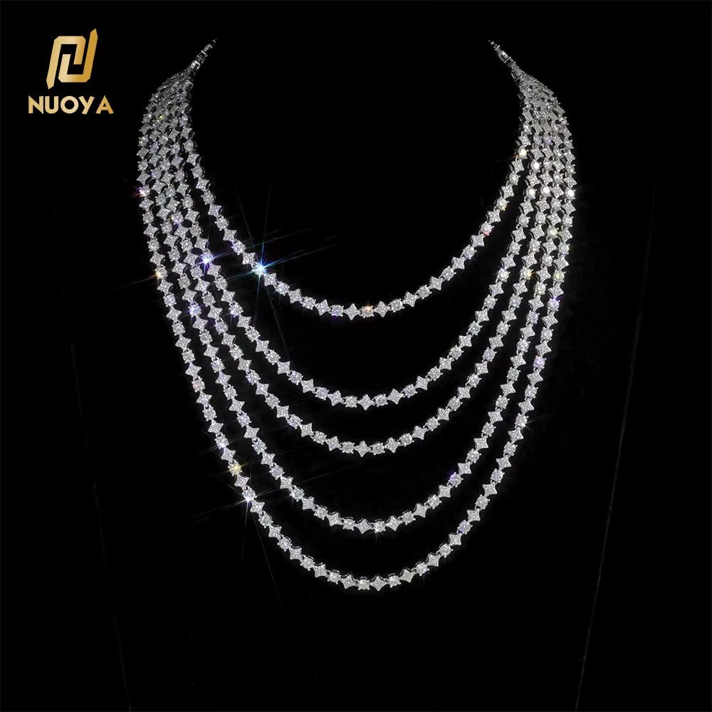 NUOYA Iced Out Tennis Chain Necklace 6Mm Spring Lock Clasp round Zircon Star Design Sparkling Diamond Hip Hop Jewelry - MCROONS.COM