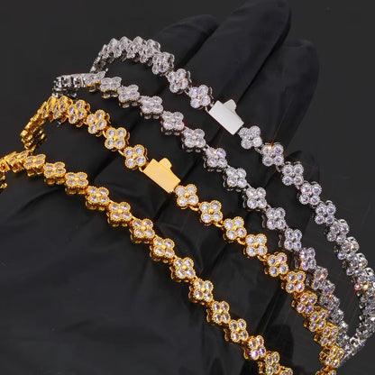 NUOYA Women'S Gold Plated Diamond Chain Necklace Four Leaf Clover Plum Blossom Shiny Zircon Hip Hop Jewelry - MCROONS.COM