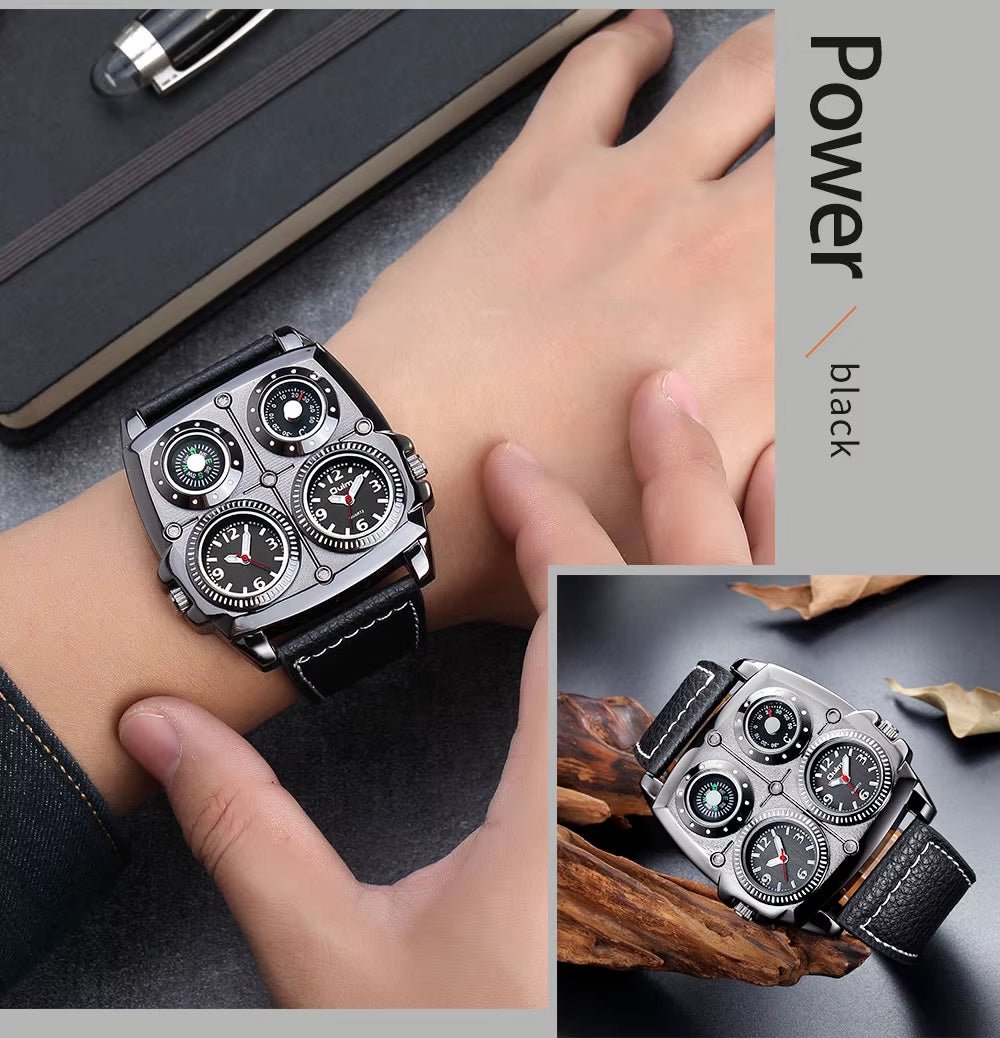 Oulm Men'S Watches Two Time Zone Pilot Style Watch Big Size Quartz Clock Male Leather Strap Wristwatch - MCROONS.COM