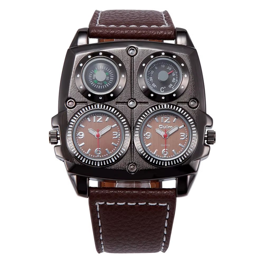 Oulm Men'S Watches Two Time Zone Pilot Style Watch Big Size Quartz Clock Male Leather Strap Wristwatch - MCROONS.COM
