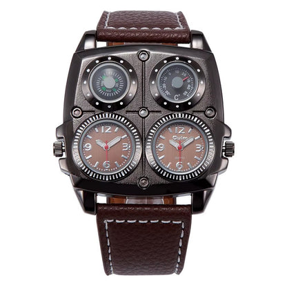 Oulm Men'S Watches Two Time Zone Pilot Style Watch Big Size Quartz Clock Male Leather Strap Wristwatch - MCROONS.COM