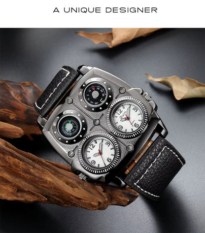 Oulm Men'S Watches Two Time Zone Pilot Style Watch Big Size Quartz Clock Male Leather Strap Wristwatch - MCROONS.COM
