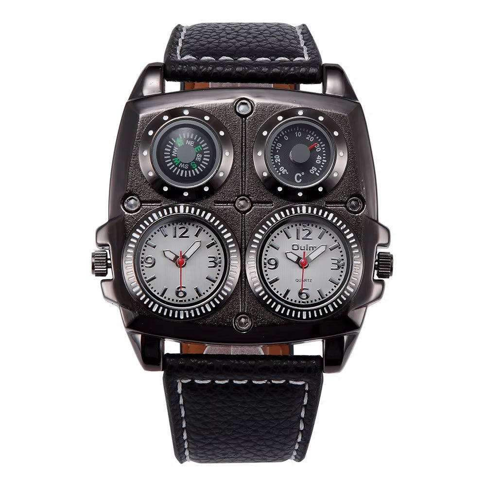 Oulm Men'S Watches Two Time Zone Pilot Style Watch Big Size Quartz Clock Male Leather Strap Wristwatch - MCROONS.COM
