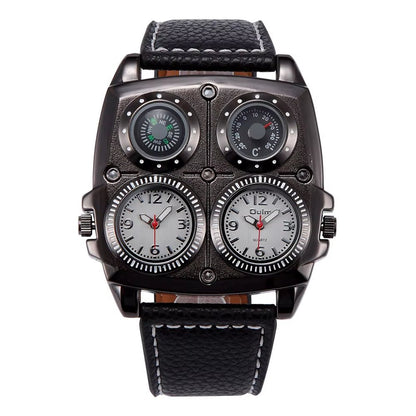 Oulm Men'S Watches Two Time Zone Pilot Style Watch Big Size Quartz Clock Male Leather Strap Wristwatch - MCROONS.COM