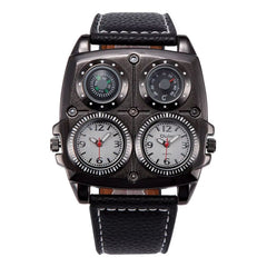 Oulm Men'S Watches Two Time Zone Pilot Style Watch Big Size Quartz Clock Male Leather Strap Wristwatch