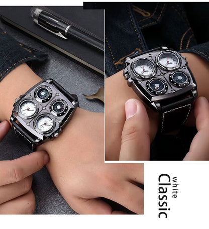 Oulm Men'S Watches Two Time Zone Pilot Style Watch Big Size Quartz Clock Male Leather Strap Wristwatch - MCROONS.COM