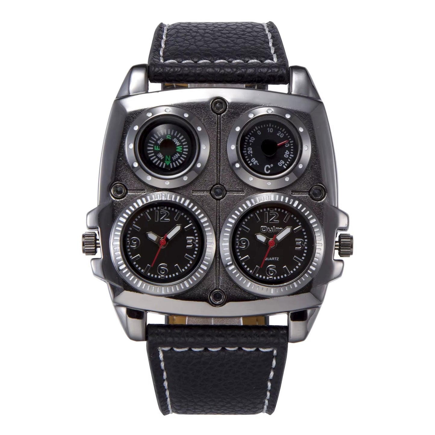 Oulm Men'S Watches Two Time Zone Pilot Style Watch Big Size Quartz Clock Male Leather Strap Wristwatch - MCROONS.COM