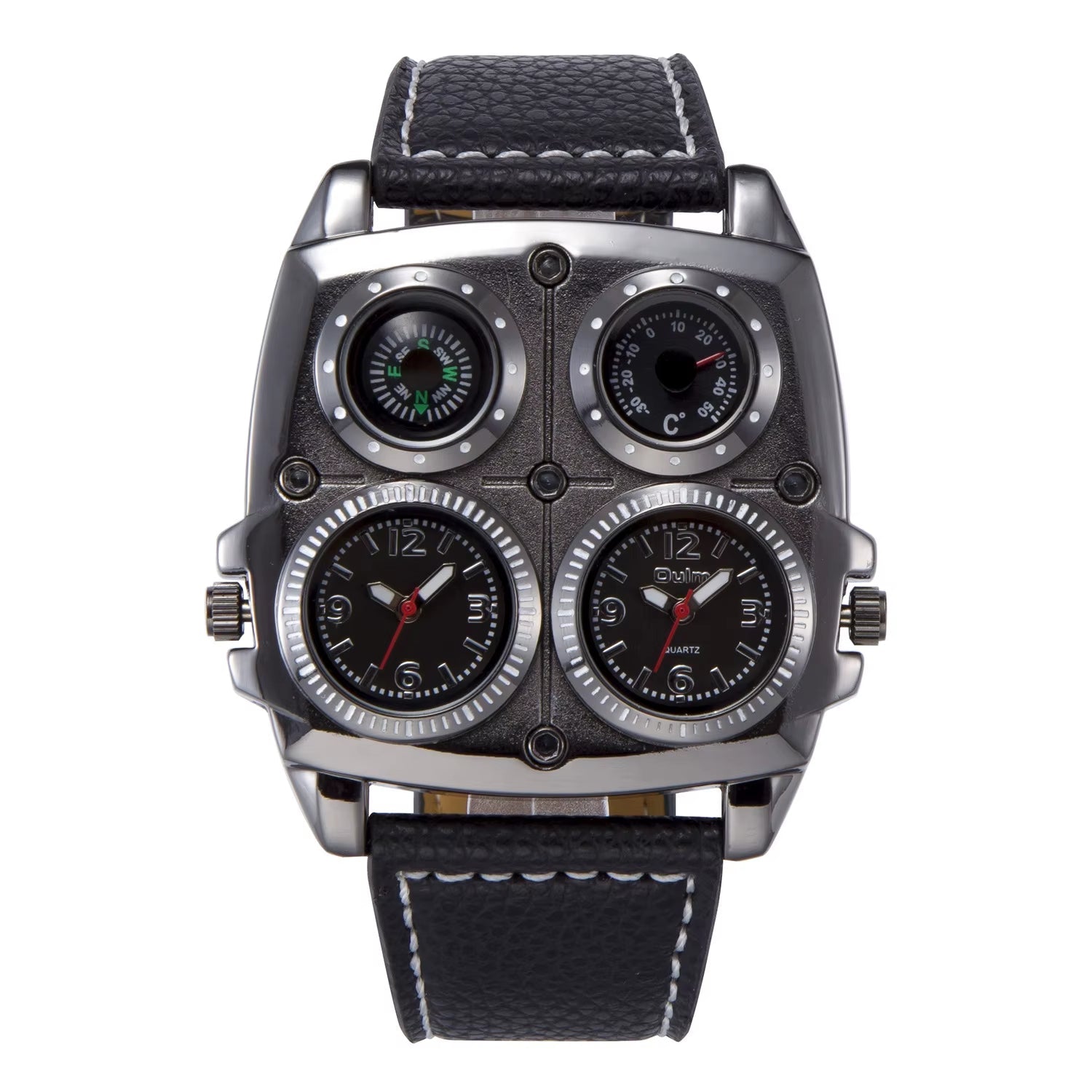 Oulm Men'S Watches Two Time Zone Pilot Style Watch Big Size Quartz Clock Male Leather Strap Wristwatch - MCROONS.COM