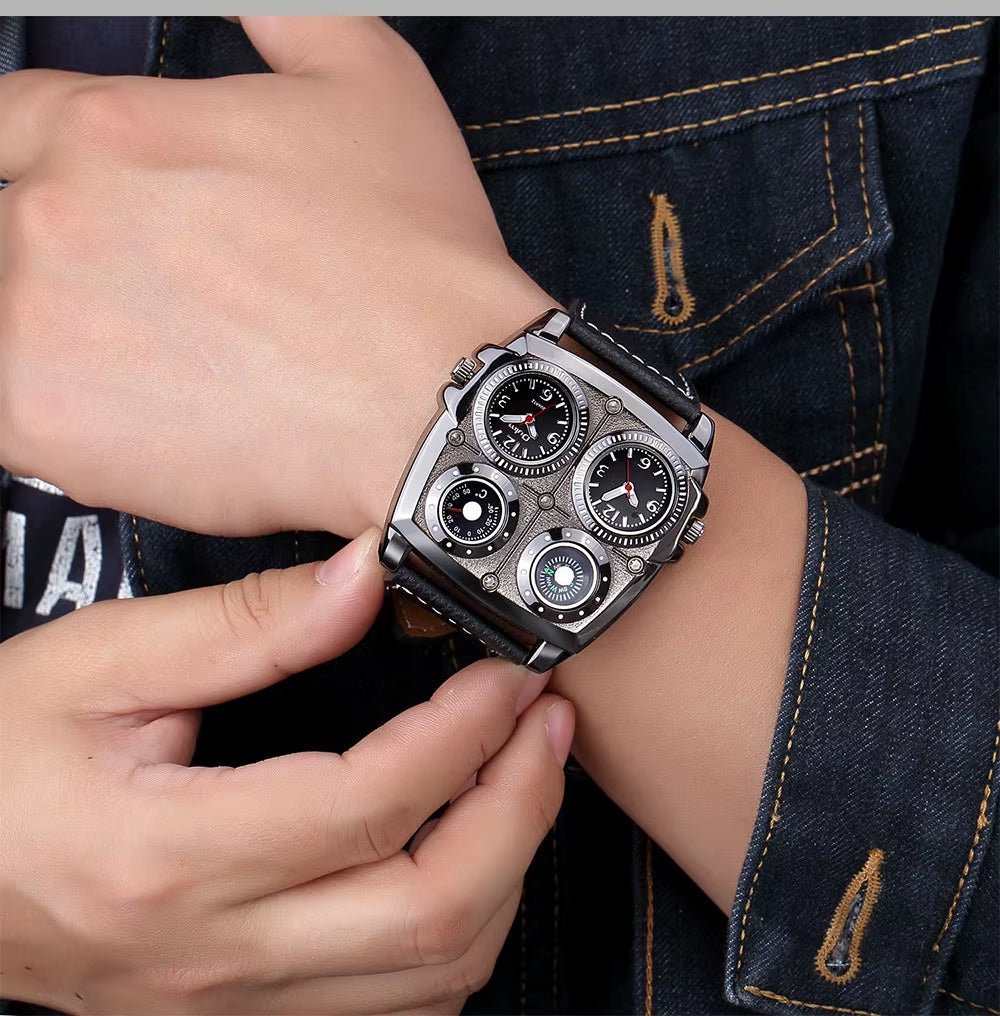 Oulm Men'S Watches Two Time Zone Pilot Style Watch Big Size Quartz Clock Male Leather Strap Wristwatch - MCROONS.COM