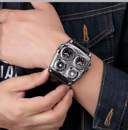 Oulm Men'S Watches Two Time Zone Pilot Style Watch Big Size Quartz Clock Male Leather Strap Wristwatch - MCROONS.COM