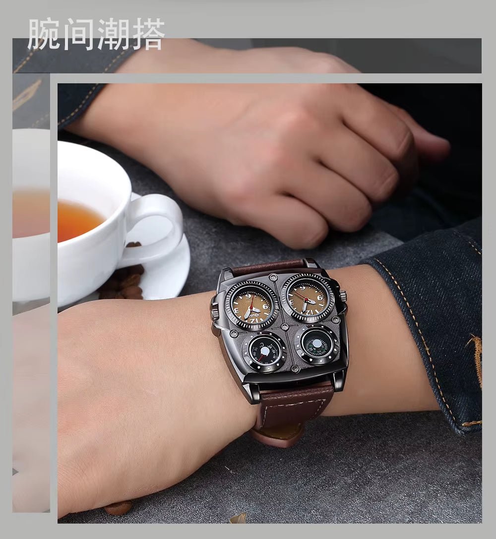 Oulm Men'S Watches Two Time Zone Pilot Style Watch Big Size Quartz Clock Male Leather Strap Wristwatch - MCROONS.COM