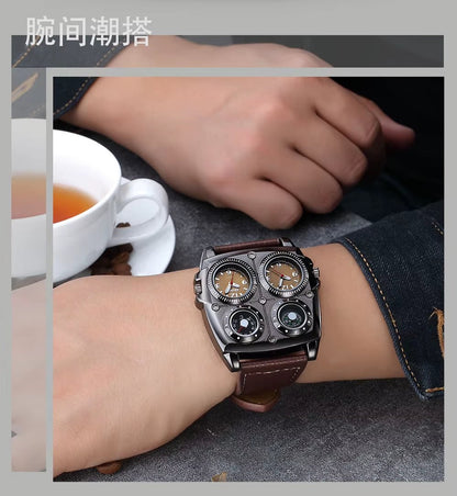Oulm Men'S Watches Two Time Zone Pilot Style Watch Big Size Quartz Clock Male Leather Strap Wristwatch - MCROONS.COM