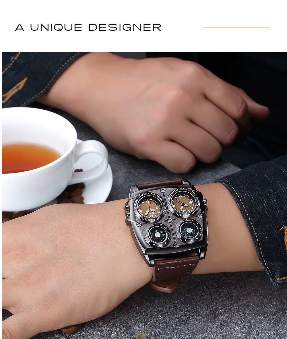 Oulm Men'S Watches Two Time Zone Pilot Style Watch Big Size Quartz Clock Male Leather Strap Wristwatch - MCROONS.COM