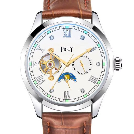 PIOUY D Moon Phase Skeleton Mechanical Wrist Watch Mens Luxury Automatic Tourbillon Genuine Leather Strap Wristwatch - MCROONS.COM