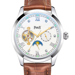 PIOUY D Moon Phase Skeleton Mechanical Wrist Watch Mens Luxury Automatic Tourbillon Genuine Leather Strap Wristwatch