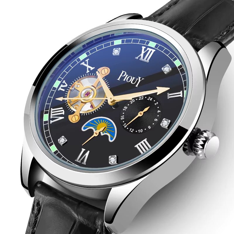 PIOUY D Moon Phase Skeleton Mechanical Wrist Watch Mens Luxury Automatic Tourbillon Genuine Leather Strap Wristwatch - MCROONS.COM
