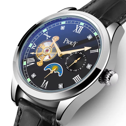 PIOUY D Moon Phase Skeleton Mechanical Wrist Watch Mens Luxury Automatic Tourbillon Genuine Leather Strap Wristwatch - MCROONS.COM