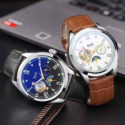 PIOUY D Moon Phase Skeleton Mechanical Wrist Watch Mens Luxury Automatic Tourbillon Genuine Leather Strap Wristwatch - MCROONS.COM