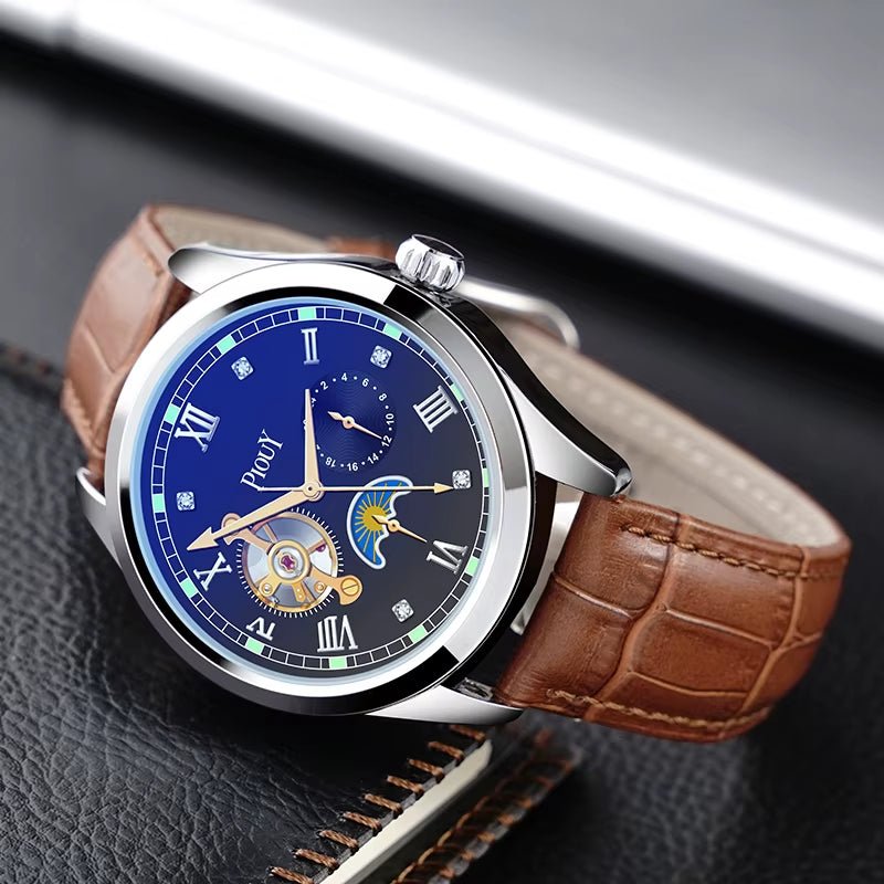 PIOUY D Moon Phase Skeleton Mechanical Wrist Watch Mens Luxury Automatic Tourbillon Genuine Leather Strap Wristwatch - MCROONS.COM