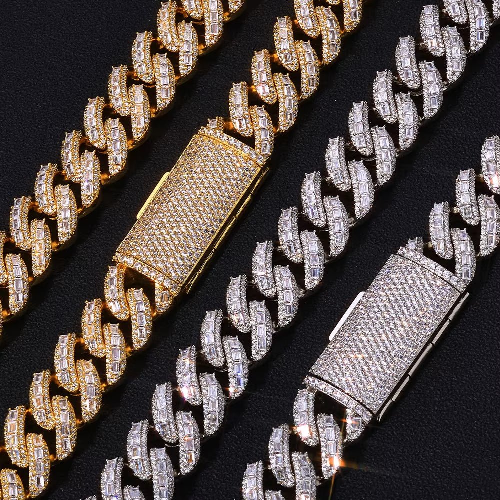Silver Cuban Chain Iced Out Flip Buckle VVS Moissanite Baguette Mixed Inlay Cuban Necklace Hip Hop Jewelry - MCROONS.COM
