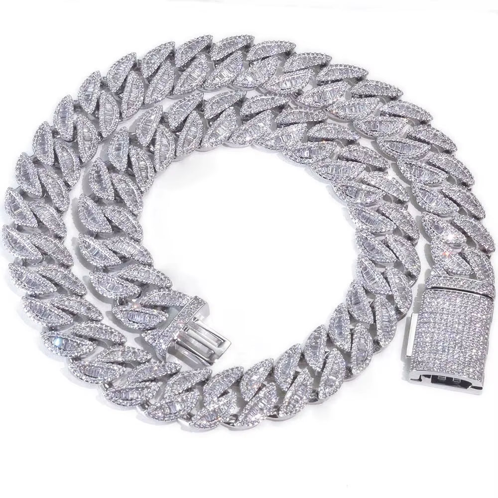 Silver Cuban Chain Iced Out Flip Buckle VVS Moissanite Baguette Mixed Inlay Cuban Necklace Hip Hop Jewelry - MCROONS.COM