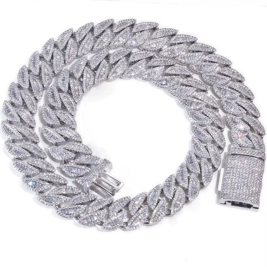 Silver Cuban Chain Iced Out Flip Buckle VVS Moissanite Baguette Mixed Inlay Cuban Necklace Hip Hop Jewelry - MCROONS.COM