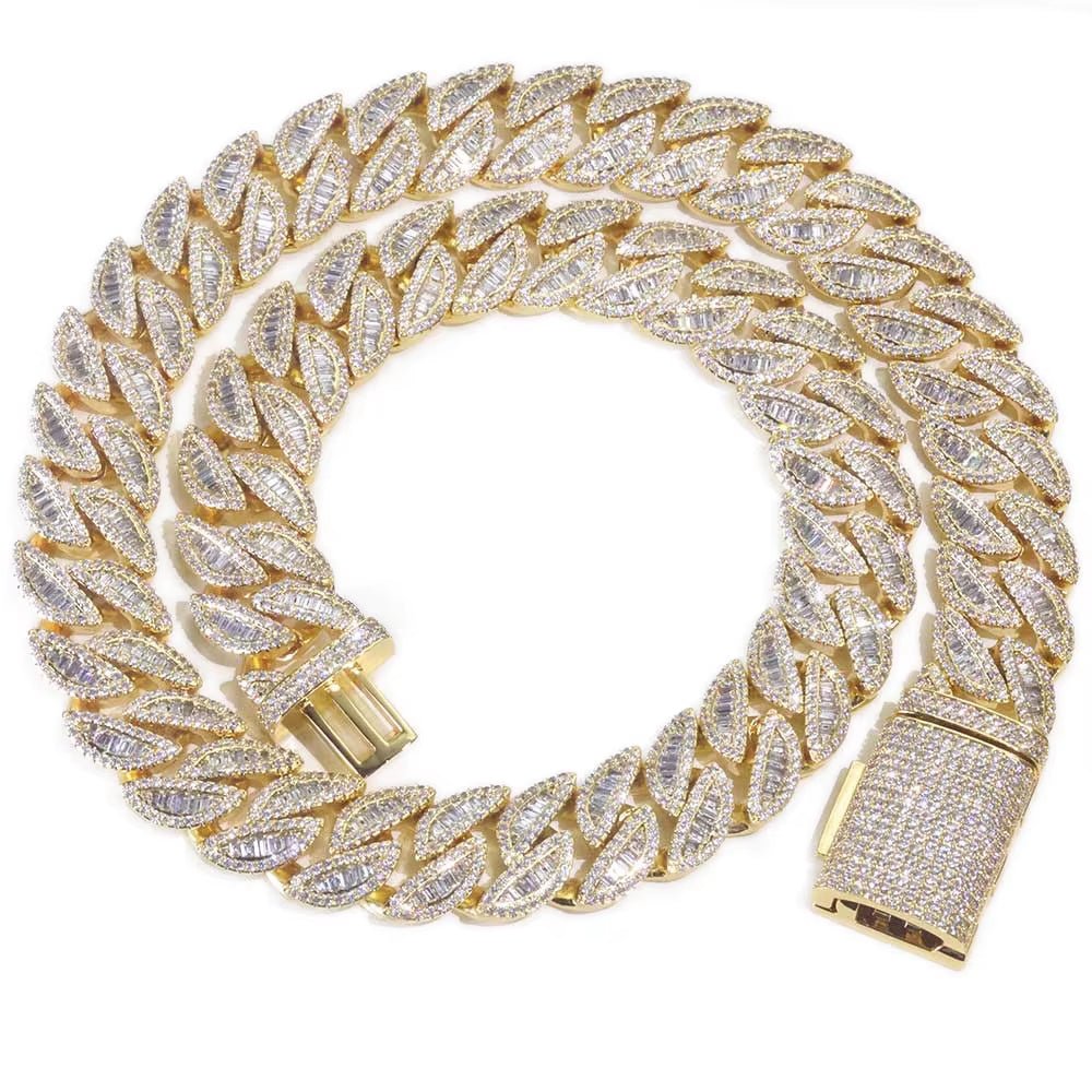 Silver Cuban Chain Iced Out Flip Buckle VVS Moissanite Baguette Mixed Inlay Cuban Necklace Hip Hop Jewelry - MCROONS.COM