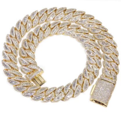 Silver Cuban Chain Iced Out Flip Buckle VVS Moissanite Baguette Mixed Inlay Cuban Necklace Hip Hop Jewelry - MCROONS.COM