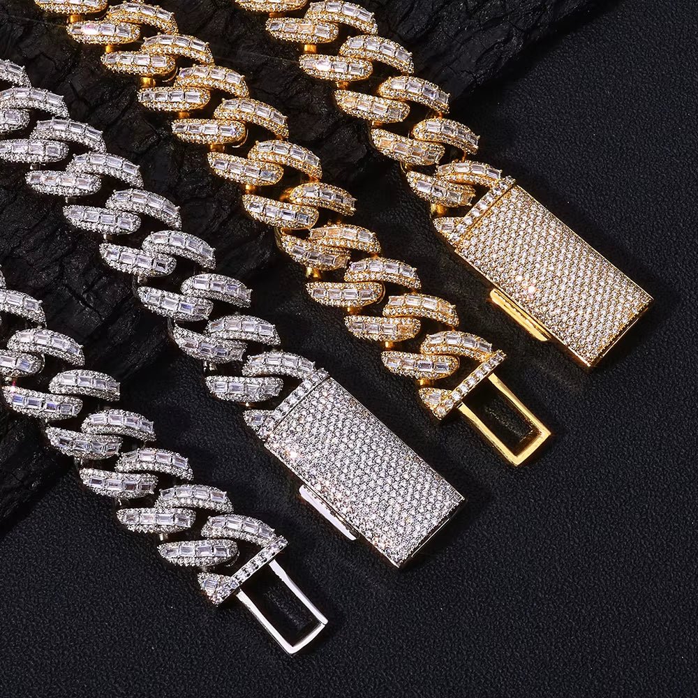 Silver Cuban Chain Iced Out Flip Buckle VVS Moissanite Baguette Mixed Inlay Cuban Necklace Hip Hop Jewelry - MCROONS.COM