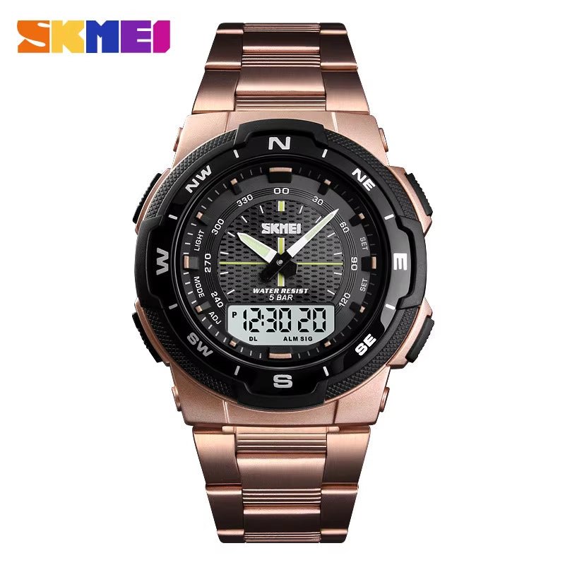 Skmei Hot Rose Gold Grid Texture Dual Time Display Week 12/24 Hour Digital Watch Men Outdoor Sports - MCROONS.COM