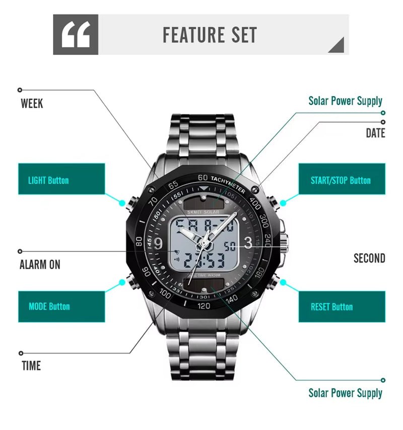 Skmei Wholesale Solar Watches Men Analog Digital Stainless Steel Wristwatches 1493 - MCROONS.COM