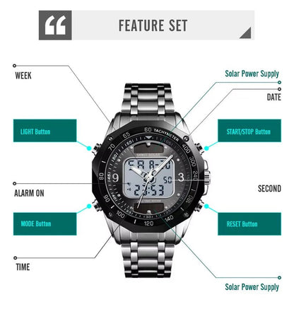 Skmei Wholesale Solar Watches Men Analog Digital Stainless Steel Wristwatches 1493 - MCROONS.COM