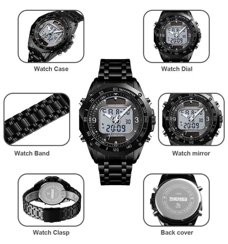 Skmei Wholesale Solar Watches Men Analog Digital Stainless Steel Wristwatches 1493 - MCROONS.COM