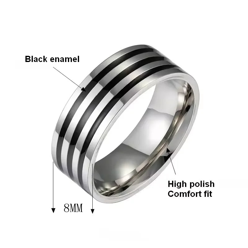 Stainless Steel 8Mm Wide Black Enamel Lines Men'S Ring Simple Fashion Gold Plated Color Ring Customized Man Jewelry Rings - MCROONS.COM