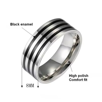 Stainless Steel 8Mm Wide Black Enamel Lines Men'S Ring Simple Fashion Gold Plated Color Ring Customized Man Jewelry Rings - MCROONS.COM