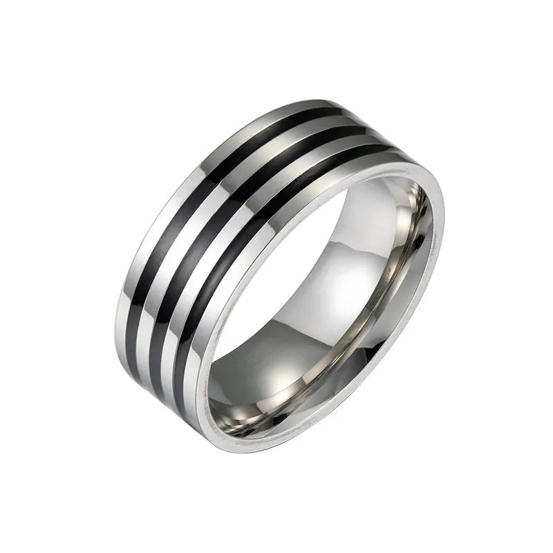 Stainless Steel 8Mm Wide Black Enamel Lines Men'S Ring Simple Fashion Gold Plated Color Ring Customized Man Jewelry Rings - MCROONS.COM