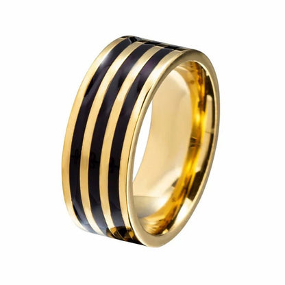 Stainless Steel 8Mm Wide Black Enamel Lines Men'S Ring Simple Fashion Gold Plated Color Ring Customized Man Jewelry Rings - MCROONS.COM