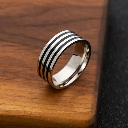 Stainless Steel 8Mm Wide Black Enamel Lines Men'S Ring Simple Fashion Gold Plated Color Ring Customized Man Jewelry Rings - MCROONS.COM